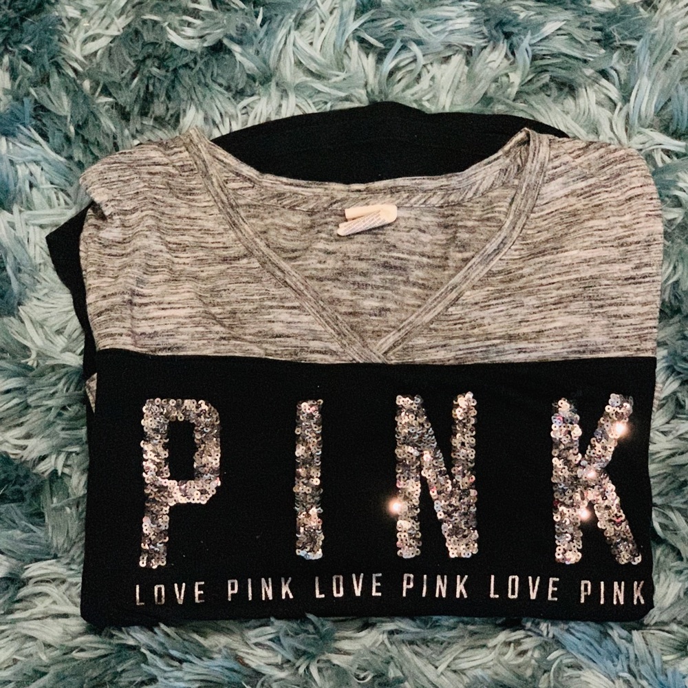 PINK Long Sleeve Sequins V-Neck